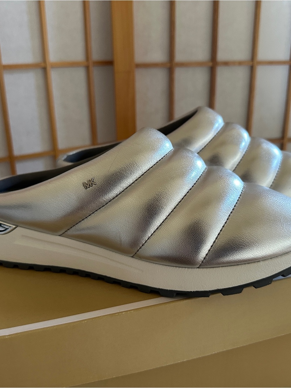 Michael Kors Metallic Silver Quilted Slip-On Mules